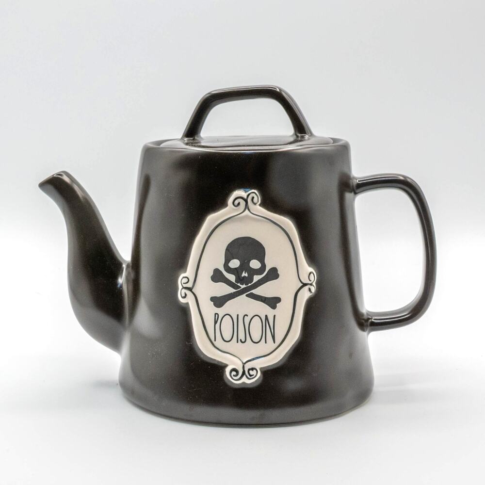 RAE DUNN Halloween Black Poison Teapot Skull Crossbones Witch Brew Ceramic